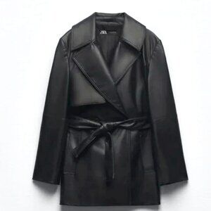 ZARA Faux Leather Short Trench Coat Black - L